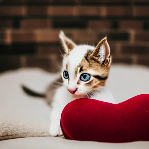 Image similar to A cute little kitten sits on the top of a plush heart-shaped pillow near fireplace, Canon EOS R3, f/1.4, ISO 200, 1/160s, 8K, RAW, unedited, symmetrical balance, in-frame