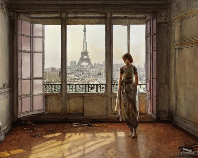 Image similar to an abandoned parisian apartment with and antique furniture with a view of the city, interior design, architecture, key lighting, soft lights, by steve hanks, by edgar maxence, by caravaggio, by michael whelan, by delacroix, by serov valentin, by tarkovsky, 8 k render, detailed, oil on canvas
