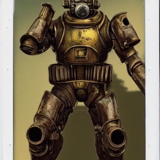 Image similar to polaroid hyper realistic fallout New Vegas brother hood of steel paladin in t-51b power armor by Tarkovsky