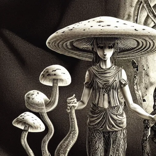 Prompt: mushroom goddess with group of elders, discussing the new season of friends, cynical realism, hiroya oku intricate penwork, yoshitaka amano, chris cunningham, black and white, beautiful lighting, manga in the style of drummond, 3 d render, 8 k