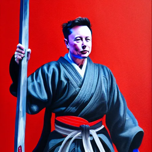 Image similar to a painting of elon musk in samurai armor and holding a katana in his hands, 4 k, hyper realistic, dslr, high resolution, landscape, beautiful
