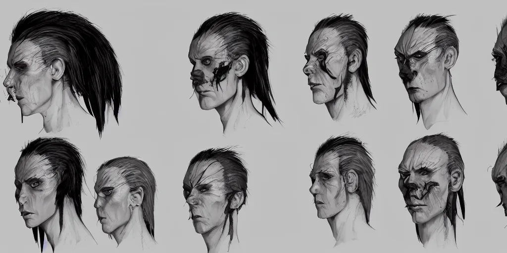 Prompt: gothic character head detail designs, Enki Bilal, Milo Manara, Greg Rutkowski, character sheet, Darek Zabrocki, Karlkka, Jayison Devadas, Phuoc Quan, trending on Artstation, 8K, ultra wide angle, pincushion lens effect