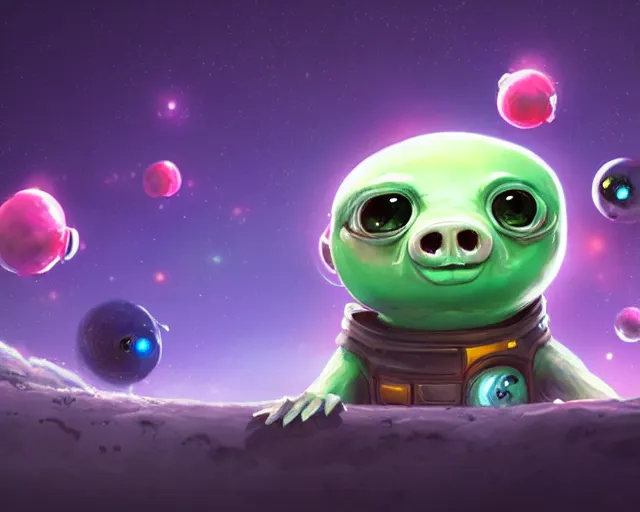 Image similar to 3D Fantasy Cute and adorable small alien piggy in space, huge adorable eyes, bright stars, Smooth 3D Illustration, soft render, Servando Lupini, Daniil Kudriavtsev, handpaint texture, Blender, 3DCoat