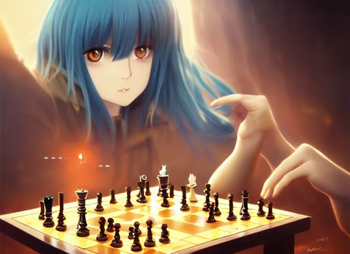 Image similar to rimuru playing chess, with amber eyes of golden colored eyes, straight hair, sky blue hair, long bangs, high collar, concept art, award winning photography, digital painting, cinematic, by wlop, anime key visual, wlop, 8 k, by ross tran, tom bagshaw, andy warhol