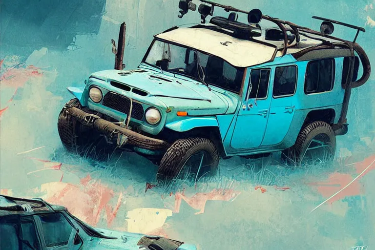 Image similar to digital illustration of a futuristic faded cyan mad max's fj 4 0 decrepit!!!! pursuit special, rusty!!! cyberpunk nissan fj cruiser heavily modded 1 9 9 0 s, the last v 8 interceptor by makoto shinkai, ilya kuvshinov, lois van baarle, rossdraws, basquiat