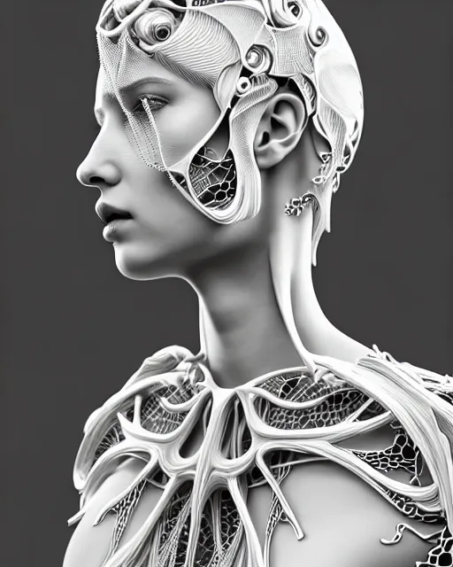 Prompt: bw 3 d render, beautiful angelic biomechanical albino girl cyborg with a porcelain profile face, rim light, big leaves and stems, roots, fine foliage lace, alexander mcqueen, art nouveau fashion embroidered collar, steampunk, silver filigree details, hexagonal mesh wire, mandelbrot fractal, elegant, artstation trending