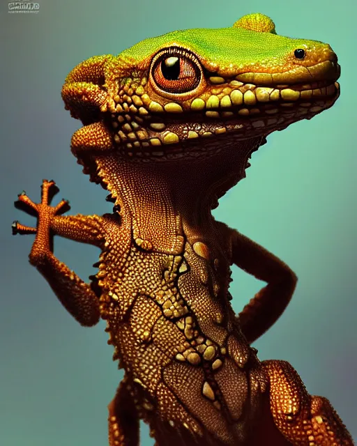 Prompt: closeup 2 8 mm anthropomorphic a gecko wearing its shedded skin as a sweater, d & d, fantasy, intricate, action pose, particle effects, highly detailed, digital painting, artstation, concept art, matte, sharp focus, volumetric lighting, illustration, hearthstone, art by artgerm, wlop, craig mullins, alphonse mucha