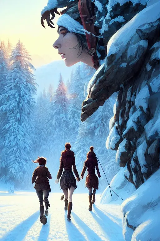 Prompt: a two hunter and huntress running away from a one beautiful giantess on the winter valley, toward to the camera, scared face, dramatic pose, intricate, highly detailed, detailed face, smooth, sharp focus, environmental light, rim light, artgerm, greg rutkowski, ilya kuvshinov, rossdraws, aesthetic fantasy illustration