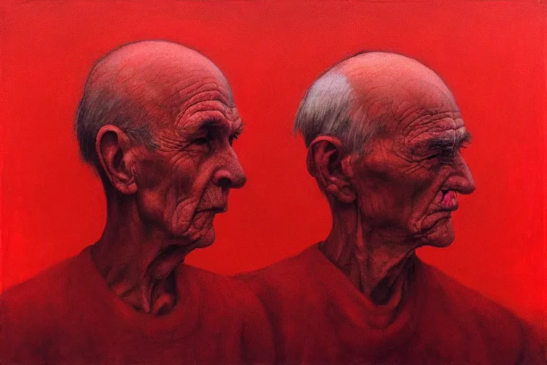 Image similar to only with red, a red old man try to sell a portrait, in a square, crowd goes crazy, in the style of beksinski, parts by edward hopper, parts by rodcenko, parts by yue minjun, intricate and epic composition, red by caravaggio, insanely quality, highly detailed, masterpiece, red light, artstation, 4 k