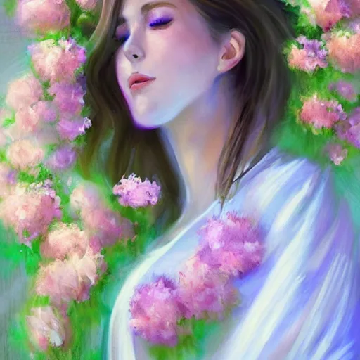 Prompt: a beautiful elegant flower princess wearing white robes floating in the air surrounded by pink - blue - white hydrangeas, portrait, oil pastels, perfect face, eyes closed in a peaceful facial expression, white mood lighting, volumetric light, character concept art, digital art, trending on artstation