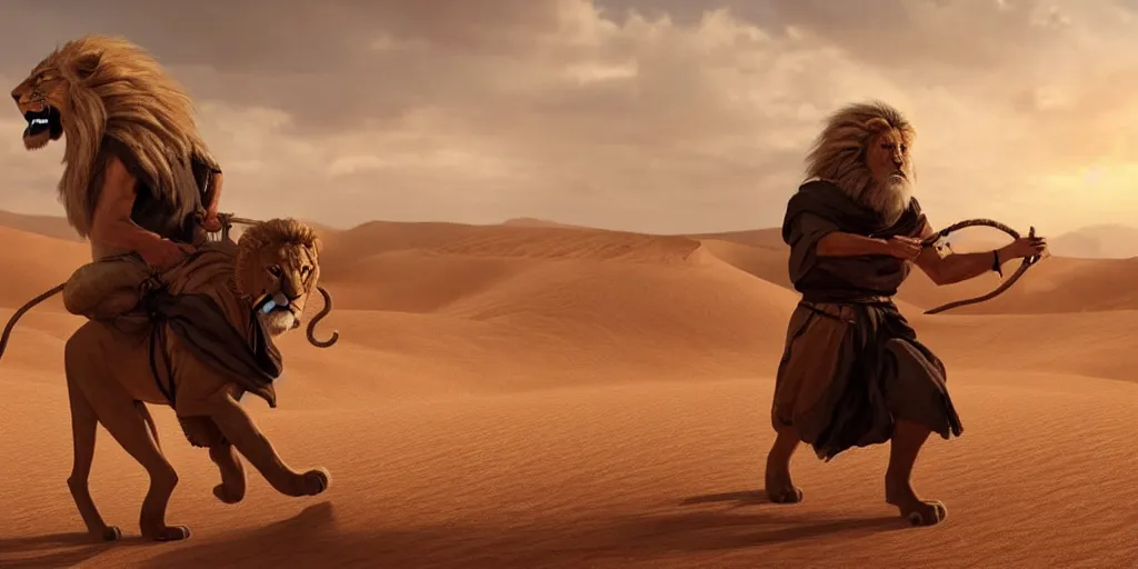 Prompt: a wise old man with a long white beard wearing a hooded tunic, riding a lion in the desert, the man in holding a snake as though it where handlebars and the lion is holding the snake in its mouth, epic cinematic establishing shot, dramatic lighting