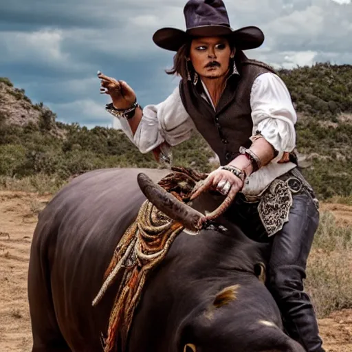 Prompt: Johnny Depp riding a bull, 8k ultra hd, hyper detailed