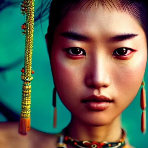 Image similar to portrait of a stunningly beautiful asian tribal female, depth of field, zeiss lens, detailed, symmetrical, centered, fashion photoshoot, by annie leibovitz and steve mccurry, david lazar, jimmy nelsson, breathtaking, 8 k resolution, extremely detailed, beautiful, establishing shot, artistic, hyperrealistic, beautiful face, octane render