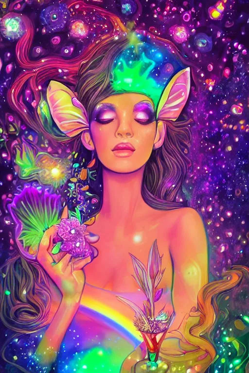 Image similar to psychedelic, digital painting, 4k, illustration, beautiful seductive woman with fox ears smoking weed, with professional makeup, long trippy hair, a crystal and flower dress, sitting on a reflective pool, surrounded by gems, underneath the stars, rainbow fireflies, trending on patreon, deviantart, twitter, artstation, volumetric lighting, heavy contrast, art style of Greg Rutkowski and Victoria gavrilenko and alphonse mucha