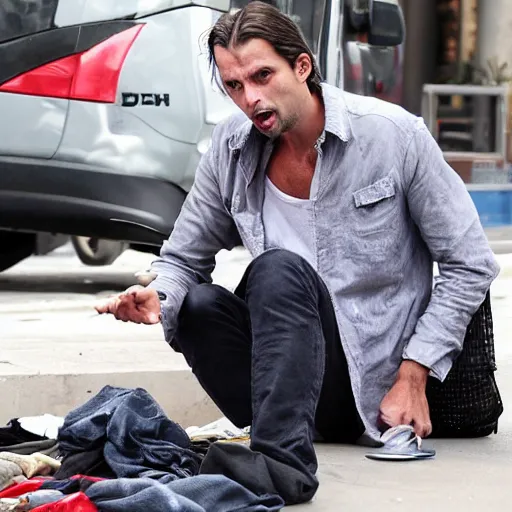 Image similar to thierry baudet begging in la, homeless, dirty clothes