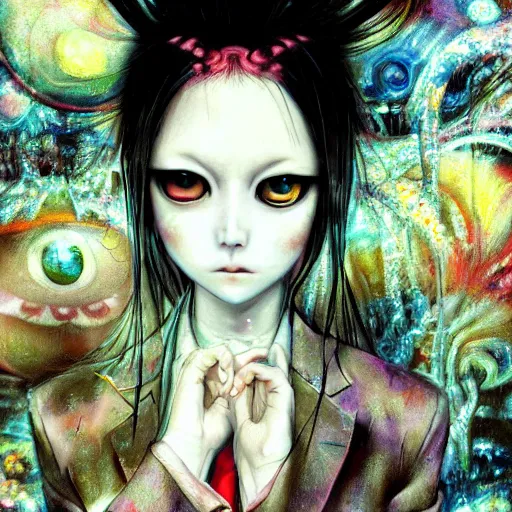 Image similar to yoshitaka amano realistic photo of a sinister anime girl with big eyes and long white hair wearing dress suit with tie and surrounded by abstract junji ito style patterns in the background, blurred and dreamy photo, noisy film grain effect, highly detailed, oil painting with expressive brush strokes, weird portrait angle