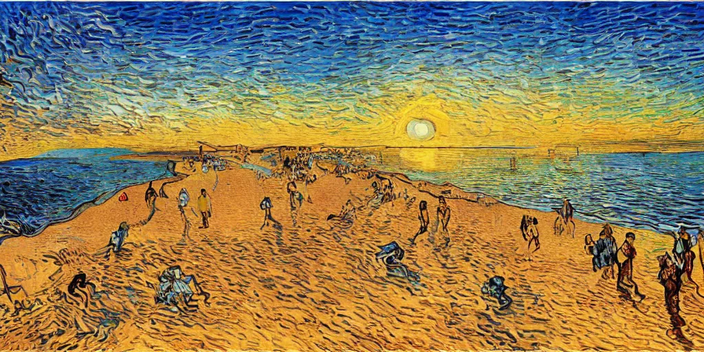 Image similar to People in beach, beach is between the two valleys, by Salvador Dali and Van Gogh collaboration, sun set, digital art, high details, drone wide shot