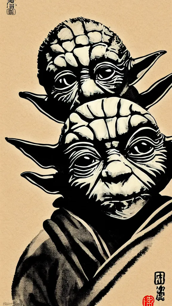 Image similar to a portrait of yoda as japanese ink calligraphy. color harmony, 8 k detail, gallery quality, hd wallpaper, premium prints available, hyper - detailed, intricate design.