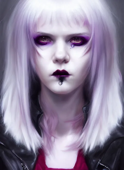 Image similar to portrait of white teenage girl, normal face, white bangs, mall goth, cyberlox, black and white hair, bangs, fluffy bangs, red contact lenses, purple lipstick, intricate, elegant, highly detailed, digital painting, artstation, concept art, sharp focus, smooth, illustration, art by wlop, mars ravelo and greg rutkowski