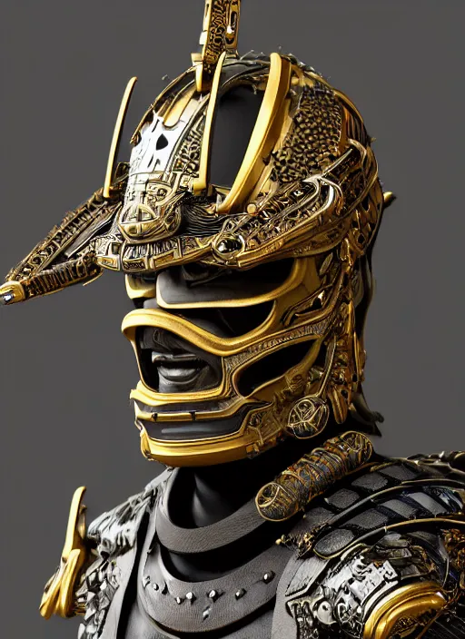 Image similar to hyper realistic glorious ancient samurai in a obsidian metal armor, futuristic design, designed by makoto kobayashi and luca zampriolo, portrait, cyberpunk style, wood and gold details, intricate, extremely detailed, ornate, deep of field, hard surface, exoskeleton, substance designer metal unreal engine. amazing likeness. very detailed.