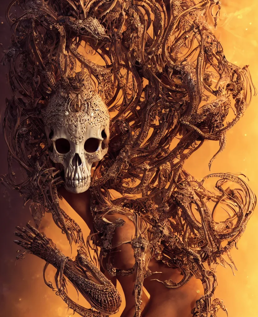 Image similar to close-up macro portrait of the face of a beautiful princess with animal skull mask, epic angle and pose, ribcage bones symmetrical artwork, 3d with depth of field, blurred background, cybernetic jellyfish female face skull phoenix bird, translucent, nautilus, energy flows of water and fire. a highly detailed epic cinematic concept art CG render. made in Maya, Blender and Photoshop, octane render, excellent composition, cinematic dystopian brutalist atmosphere, dynamic dramatic cinematic lighting, aesthetic, very inspirational, arthouse. y Greg Rutkowski, Ilya Kuvshinov, WLOP, Stanley Artgerm Lau, Ruan Jia and Fenghua Zhong