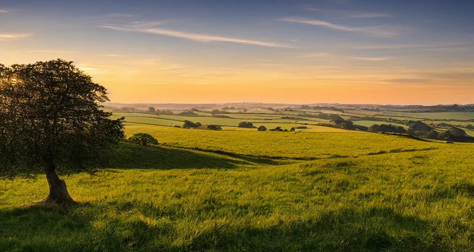 Prompt: an award winning landscape photo of the south downs in summer, showing a single tree on rolling hills, golden hour with blue skies in the style of finn hopson