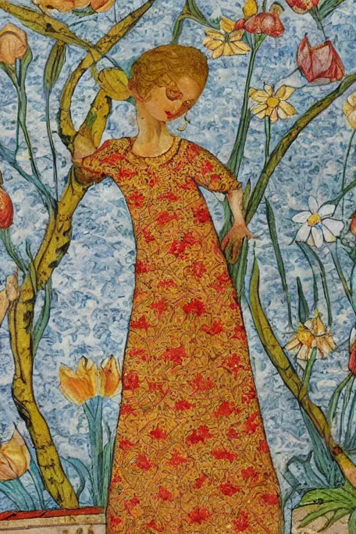 Image similar to girl waer detailed golden arabesque dress with a lot of narcissus in persian pot, miniature painting