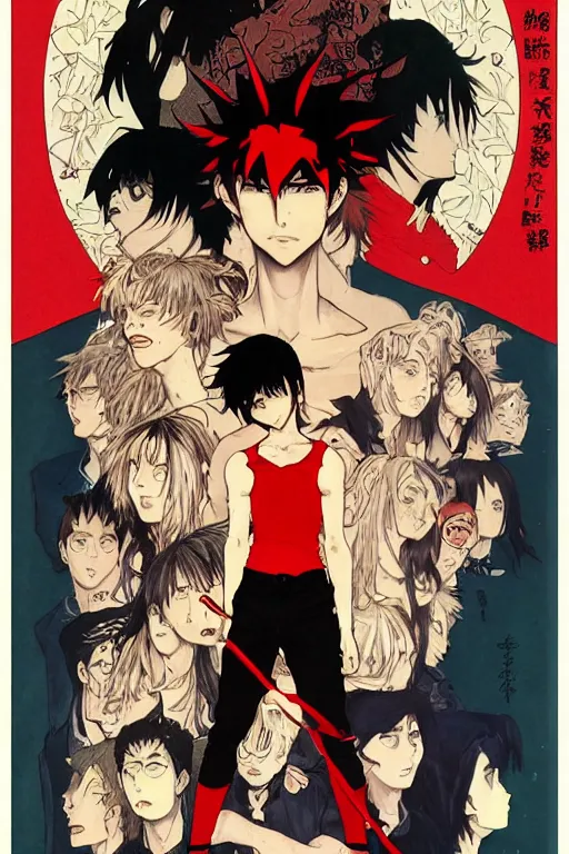 Image similar to professionally drawn shonen mature horror mystery action manga comic cover, beautifully drawn museum portrait coherent professional, drawn by ilya kuvshinov, gustav klimt, peter mohrbacher, alphonse mucha and tsutomu nihei. text kanji hiragana on the cover. simplistic minimalist stylized cover art. red & black & blue full color.