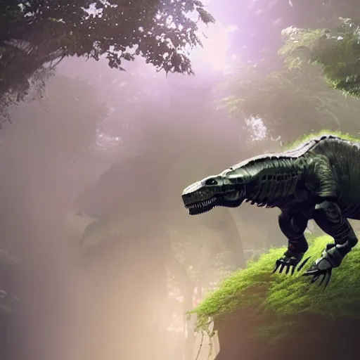 Image similar to a robot T-rex in a jungle, mist, god rays, concept art, artstation, 4k, beautiful