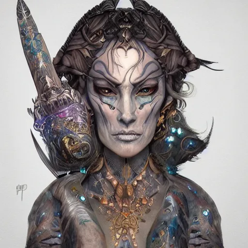 Image similar to a WLOP 3d render of very very highly detailed beautiful mystic portrait of a phantom warrior with galaxy, tattoos by Anton Pieck, intricate, extremely detailed, digital painting, artstation, concept art, smooth, sharp focus, illustration, intimidating lighting, incredible art,