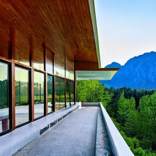 Image similar to modern mansion in forest and beautiful mountains in the background