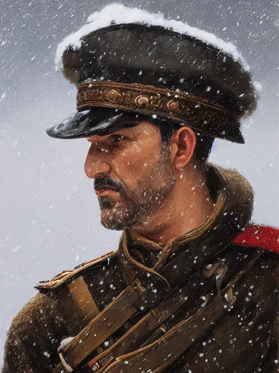 Prompt: an ultradetailed beautiful portrait painting of an greek era soldier marching in the snowy mountains, side view, oil painting, high resolution, by ilya kuvshinov, greg rutkowski and makoto shinkai