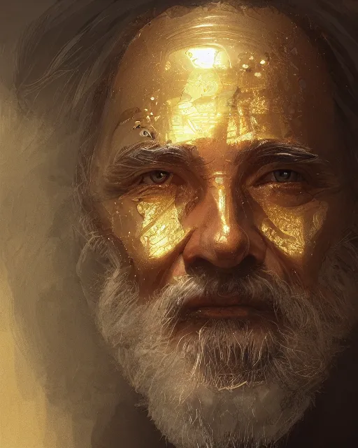 Image similar to An old man looking in a golden mirror, beautiful face, highly detailed face, close-up, fantasy art, male art, in the style of greg rutkowski, illustration, epic, fantasy, intricate, hyper detailed, artstation, concept art, smooth, sharp focus, ray tracing