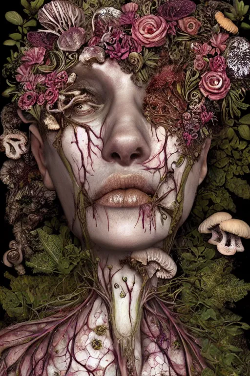 Image similar to beautiful and detailed rotten woman corpse with fractal plants and fractal flowers and mushrooms growing around, face muscles, veins, arteries, intricate, ornate, surreal, ray caesar, john constable, guy denning, dan hillier