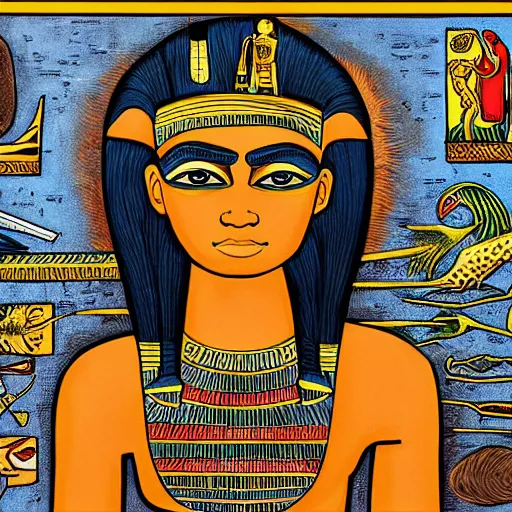 Prompt: An epic fantastic realism comic book style painting of the most beautiful portrayal of a 20-year-old, young, gorgeous, pale, Goth, friendly, amicable, casual, wears the ankh symbol, the key of life, the key of the Nile, is representative of eternal life in Ancient Egypt, Low angle, from below, worms-eye-view, 3-point perspective, unreal engine 5, DAZ, hyperrealistic, intricate, symmetrical, accurate, octane render, Arnold render, IMAX quality, cinematic, theatrical, dramatic, warm lighting, by Lee Jeffries, award-winning, awe-inspiring, ground-breaking, masterpiece , artgem, Dark Fantasy