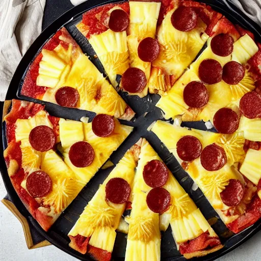 Image similar to a giant slice of pineapple on a pan, covered in pizza toppings, pepperoni, sausages and cheese