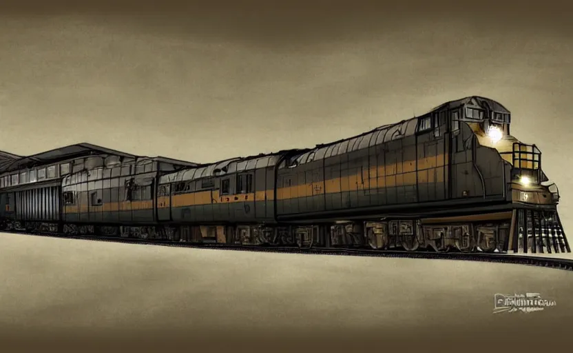Prompt: concept art of huge dieselpunk massive train