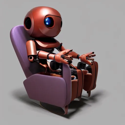 Image similar to futuristic lonely matte brown and red full-body humanoid robot with two huge round expressive sad purple glowing LED eyes and open rectangular mouth sitting on a large comfortable cushioned 1950s vintage recliner reading a newspaper. open newspaper. Cinematic Movie Photograph, Arri Alexa, Extremely Detailed, smooth, very very clean, 8K, octane render, maya render, unreal engine, trending on artstation, DSLR, excellent composition, center frame