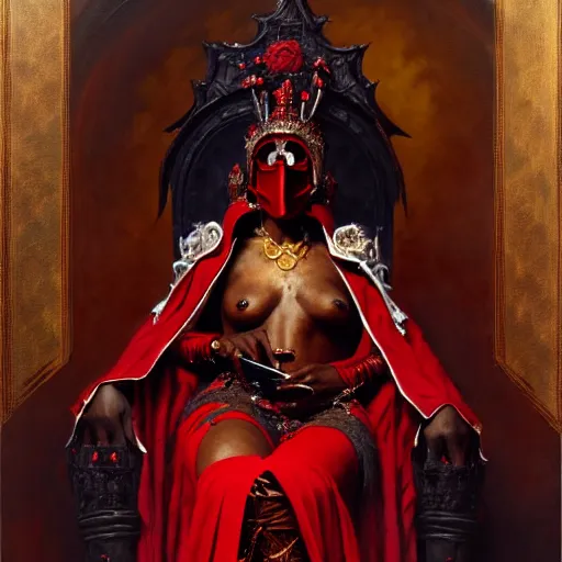 Prompt: full body portrait of black skinned, masked queen in red gothic robes sitting on a throne of bones, elegant, highly detailed painting by gaston bussiere, craig mullins, j. c. leyendecker, 8 k, mid shot