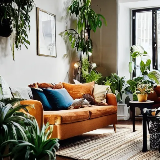 Prompt: An IKEA catalog photograph of a cozy, warm living room, bathed in golden light, with many tropical plants and eclectic furniture, a figure rests on an old couch, highly relaxed, sunday afternoon, living the good life, at peace, golden ratio