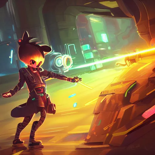 Image similar to cute modern cyberpunk cat fighting with a laser sword, full body, artstation, highly detailed, colorfull, digital painting, deep focus, sharp, smooth, rossdraws, dinamic lighthing, cinematic, hd wallpaper