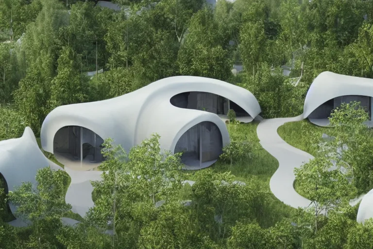 Image similar to A unique innovative and creative eco community of small affordable and contemporary creative cabins in a lush green forest with soft rounded corners and angles, 3D printed line texture, made of cement, connected by sidewalks, public space, and a park, Design and style by Zaha Hadid, Wes Anderson and Gucci