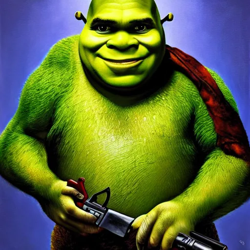 Prompt: hyper realistic oil painting of shrek holding a weapon in the back rooms