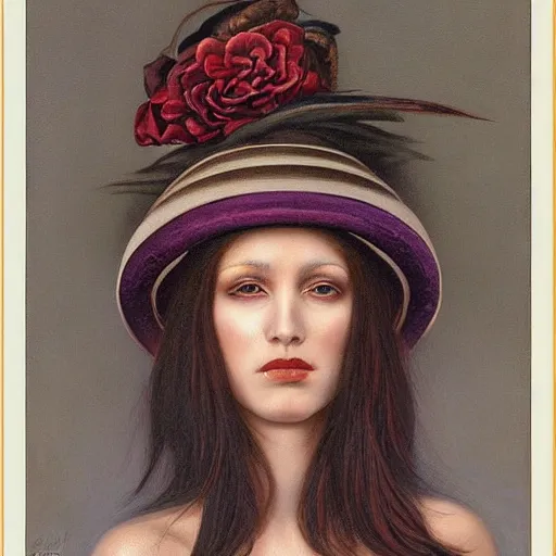 Image similar to portrait of a ceremonial hat embedded into a woman's skull, by gerald brom