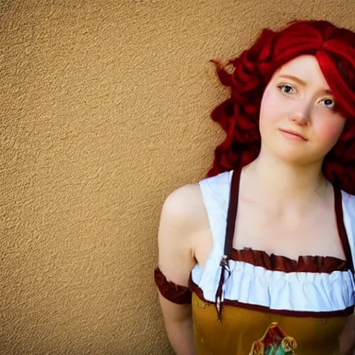 Image similar to woman with long curly red hair in villager cosplay from super smash brothers. beautiful. relaxed. realistic photo. cosplay photoshoot. high detail. convention photo.