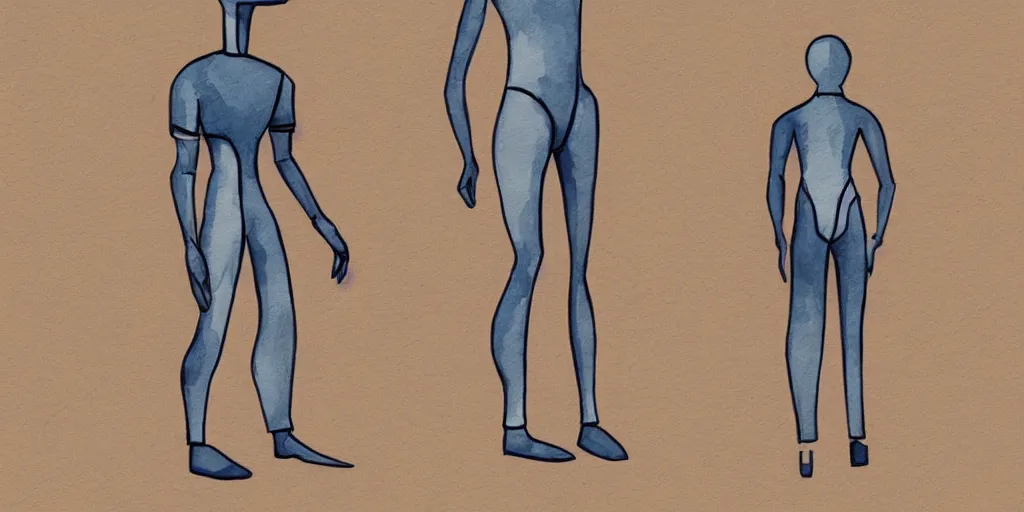 Image similar to male, elongated figure, space suit, minimalist sketch, large shoulders, short torso, long thin legs, tiny feet, character sheet, very stylized, concept art illustration, watercolor shading,
