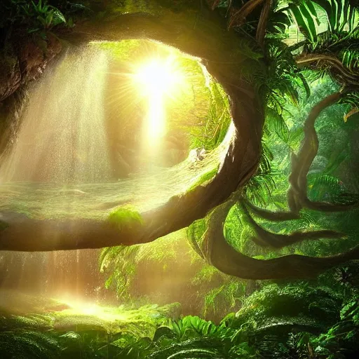 Image similar to stargate portal full of water bursting to another dimension inside a beautiful tree in a densely overgrown jungle, fantasy, dreamlike sunrise volumetric lighting, ultra realistic, atmospheric, stopped in time, epic