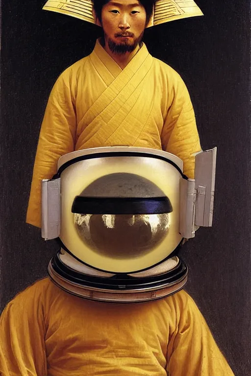 Prompt: portrait of samurai in astronaut helmets, by bouguereau