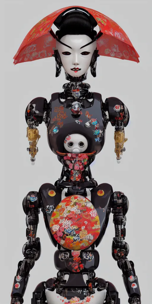 Image similar to full body portrait of a Japanese robot geisha with kanji tattoos and decals, intricate, octane render, ultra fine detailed, character design, trending on artstation