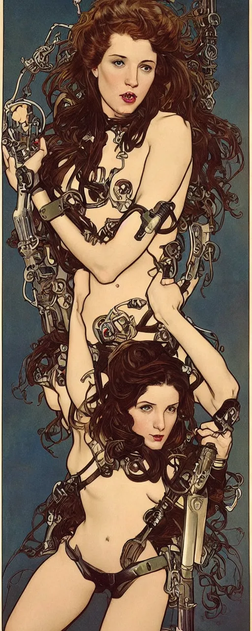Prompt: striking sensual industrial art nouveau style portrait of kitty pryde as an extreme metal soldier by glenn fabry, simon bisley and alphonse mucha, photorealism, extremely hyperdetailed, perfect symmetrical facial features, perfect anatomy, ornate declotage, spikes, latex, excited expression, wild eyes